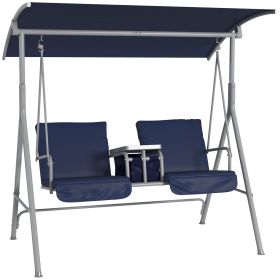 Porch Swing 2 Person with Stand, Outdoor, Dark Blue, Canopy, Cup Holders, Cushions for Patio Backyard