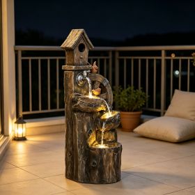 Outdoor Garden Water Fountain: 3-Tier Cascading Waterfall with LED Lights, Water Wheel & Birdhouse Design for Home Yard Decor