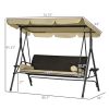 3-Seat Outdoor Porch Swing, with Adjustable Canopy, Removable Cushion, Pillows, Adjustable Shade, and Rattan Seat, Khaki
