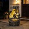 22" 3-Tier Puppy Themed Resin Garden Fountain: Rustic Brown Outdoor Water Fountain with LED Lights & Adjustable Flow