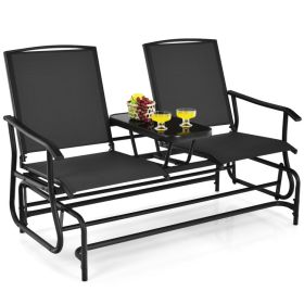 2-Person Double Rocking Loveseat with Mesh Fabric and Center Tempered Glass Table (Color: BLACK)