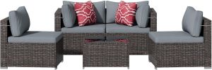 5 Pieces Outdoor Patio Furniture Set, Wicker Patio Conversation Sectional Sofa Set, All Weather PE Rattan Sofa with Glass Table and Cushions